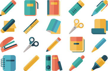 Diverse array of flat design stationery and writing tools