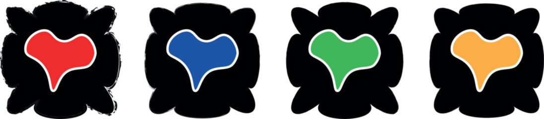 Vibrant Grunge Colourful Heart Imprints with Black Square Zigzag Brushstroke Background – Artistic Abstract Love-Inspired Design