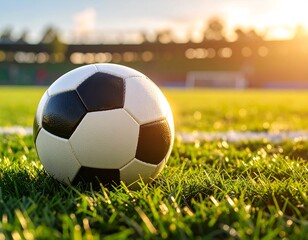 Fototapeta premium A close-up view of a soccer ball on a green field, bathed in sunlight, with stadium in the background.