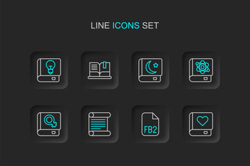 Set line Romance book, FB2 File, Decree, parchment, scroll, Book about women, physics, Holy of Koran, Open and User manual icon. Vector