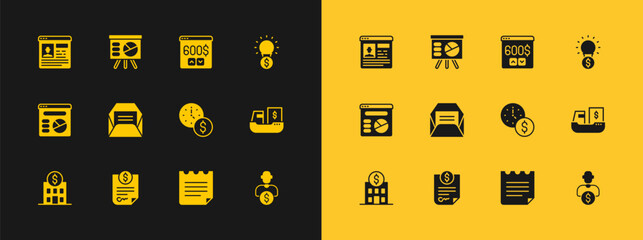 Set Light bulb with dollar, Contract money, Time is, Notebook, Envelope, Monitor, Resume and Board graph icon. Vector