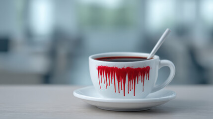 White coffee cup filled with dark liquid and red paint dripping down side, placed on matching saucer with spoon inside, evoking spooky vibe