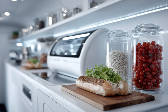 innovative automatic kitchen equipped with advanced devices that prepares personalized menus tailored to genetic