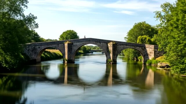 Stone arch bridge over a calm river, surrounded by trees.
