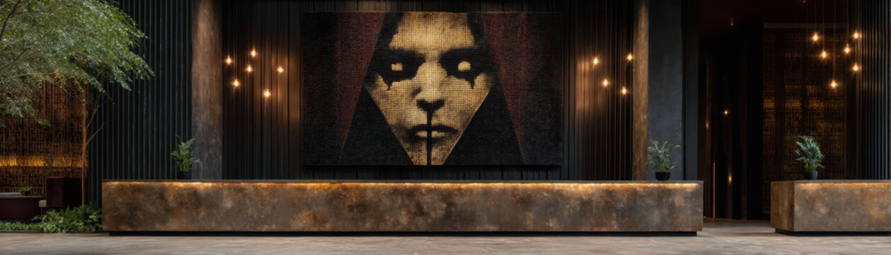 Dark modern lobby interior with large eerie face artwork, warm lighting, and rustic stone reception desk creating mysterious atmosphere