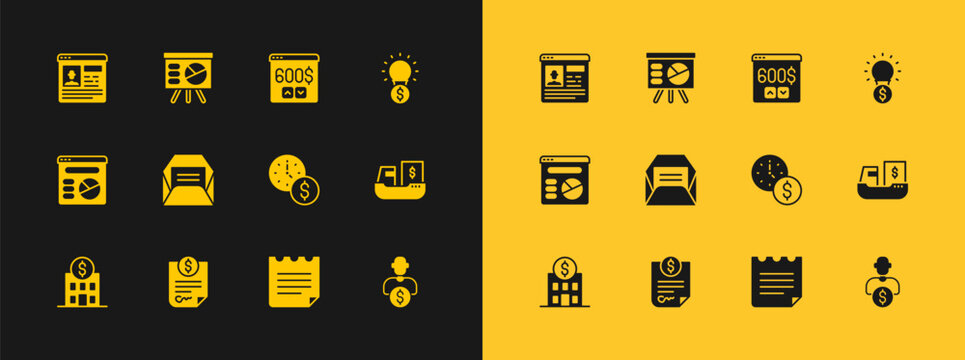 Set Light bulb with dollar, Contract money, Time is, Notebook, Envelope, Monitor, Resume and Board graph icon. Vector