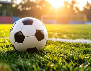 Obraz premium A close-up view of a soccer ball resting on a green grassy field, illuminated by warm sunlight.