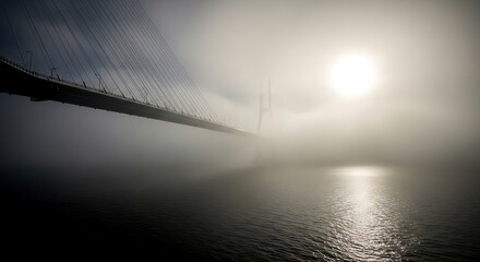 Fototapeta premium Vectore illustration of a flock of birds flies over a bridge shrouded in thick fog with the sun shining through