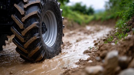 Tractor wheel driving through muddy countryside road