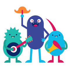 Three colorful cartoon monsters playing musical instruments together