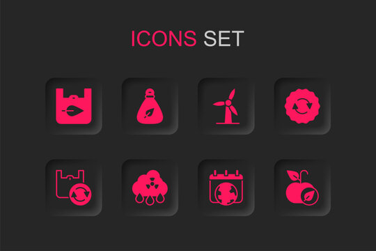 Set Acid rain radioactive cloud, Garbage bag, Shopping with recycle, World Earth day, Recycle symbol, Apple, Wind turbine and icon. Vector