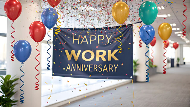 A festive office hallway decorated with a "Happy Work Anniversary" banner, colorful balloons, and falling confetti, celebrating a corporate milestone.