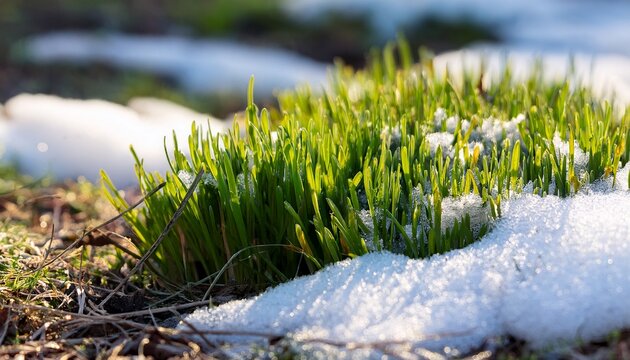 spring brings the melting snow revealing fresh grass underneath the transition of spring is highlighted by the snow melting and the emergence of grass as nature begins to awaken - Powered by Adobe