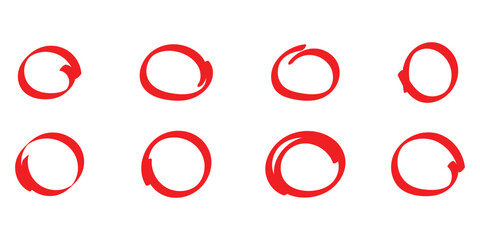 Red hand drawing doodle set on isolated white background. 8 red different shapes doodle circle set.  Modern isolated doodle art. Vector icon set on white page. EPS 10. Vector elements. 