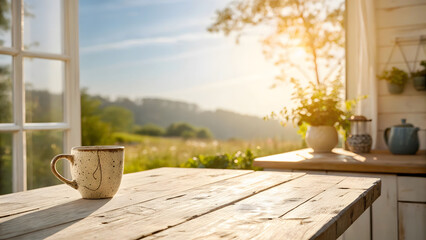 A warm mug of coffee sits on a rustic wooden table bathed in the golden light of a sunny morning, with a beautiful green landscape visible through an open doorway.