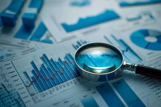 Magnifying glass over financial charts and graphs for business analysis and data research - Powered by Adobe