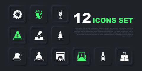 Set Champagne bottle, Christmas shopping bag, chimney, Envelope, Santa Claus hat, stocking and Interior fireplace icon. Vector