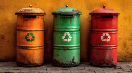 Colorful recycling bins line a textured wall in a vibrant urban setting while encouraging environmental responsibility Generative AI