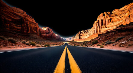 Expansive desert highway with double yellow lines leading into a dramatic mountain landscape under a dark sky