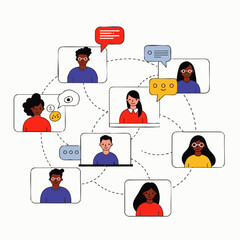 A diverse group of people from various backgrounds engages in a dynamic virtual meeting, fostering global connections and collaborative online communication.