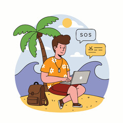 A young man, embodying the digital nomad spirit, diligently works on his laptop under a tropical palm tree on a sunny beach, blending work and travel.