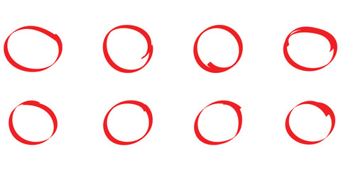 Red hand drawing doodle set on isolated white background. 8 red different shapes doodle circle set.  Modern isolated doodle art. Stroke outline drawn vector icon. Vector icon set on white page.
