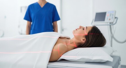 Obraz premium Female patient undergoing medical examination with laser alignment in a hospital setting for diagnostic imaging