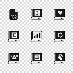 Set Book, User manual, Law book, Financial, Romance, FB2 File, and icon. Vector