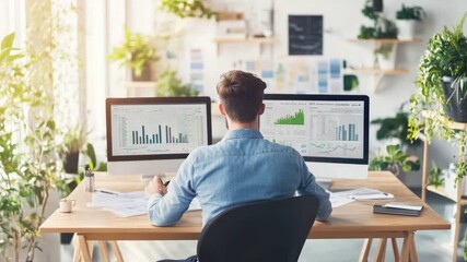 A focused individual working at a desk with two computer screens displaying data charts, surrounded by greenery - Powered by Adobe