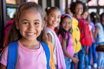 Cheerful elementary students stand in a line, wearing colorful backpacks and smiling outdoors. Bright, positive mood ideal for back‑to‑school ads, education services and community campaigns