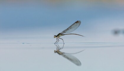 A delicate dragonfly perched on water, reflected perfectly