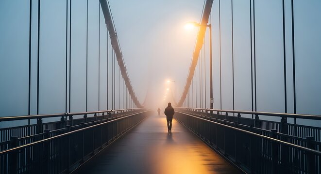 Vectore illustration of a lone figure walks across a suspension bridge shrouded in thick fog, illuminated by streetlights