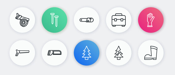 Set line Tree, Protective gloves, Hand saw, Toolbox, Chainsaw, Waterproof rubber boot and Hacksaw icon. Vector