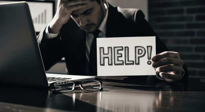 Desperate Office Worker Seeks Help Amidst Laptop, Graph, and Desk Overload - Powered by Adobe