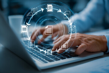 Hands typing on a laptop with a digital workflow diagram overlaying the screen