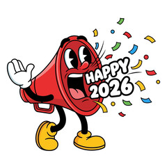 Cartoon Megaphone Character Celebrating Happy 2026 with Confetti