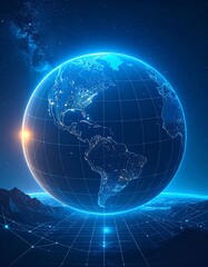 Fototapeta premium A digital representation of the Earth, with glowing city lights, a structured grid, and a backdrop of a starry night sky, showcasing a global perspective.