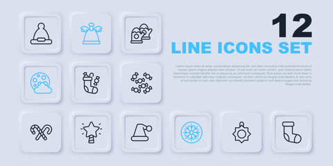 Set line Christmas toy, stocking, Snowflake, night, star, Angel and Santa Claus hat icon. Vector