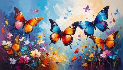 Vibrant butterflies flutter amidst a field of colorful flowers, painted with expressive brushstrokes in a joyful and vibrant style.