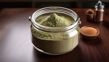 a jar filled with powdered superfood sits on a table ready to be used as an ingredient in a nutritious recipe or dish