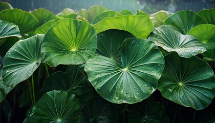 taro leaves drenched by rainwater fanning out in every direction