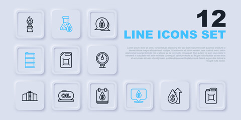 Set line Oil price increase, Canister for gasoline, drop with dollar symbol, Barrel oil, tank storage, petrol test tube and icon. Vector