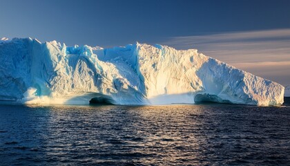 dramatic iceberg calving from a melting glacier large chunks falling into the ocean under crisp arctic lighting capturing the stark impact of global warming on the polar environment