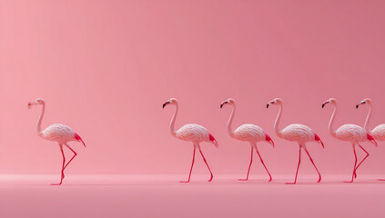 A single pink flamingo stands apart from a line of identical flamingos against a soft pink background