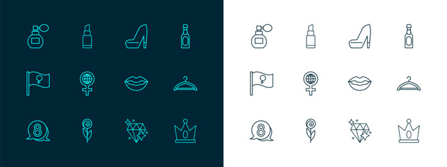 Set line Champagne bottle, Flower, Smiling lips, Diamond, International Women Day, Woman shoe, Perfume and Lipstick icon. Vector