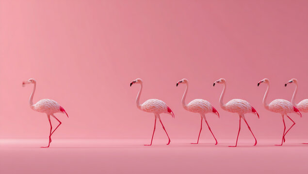 A single pink flamingo stands apart from a line of identical flamingos against a soft pink background