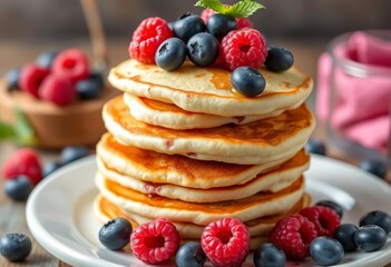 Fluffy homemade pancakes stacked high with fresh blueberries and raspberries, empty space above,   background,   table