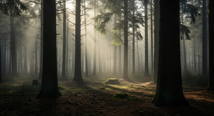 Fototapeta premium Sunlight streams through a misty forest, illuminating tall trees and the forest floor.