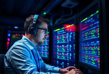 Focused IT engineer monitors network servers in a dark room,   computer science,   network security