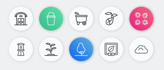 Set line Fruit tree, Colorado beetle, Water tower, Seeds of specific plant, Sprout, Wheelbarrow, Cloudy weather and icon. Vector